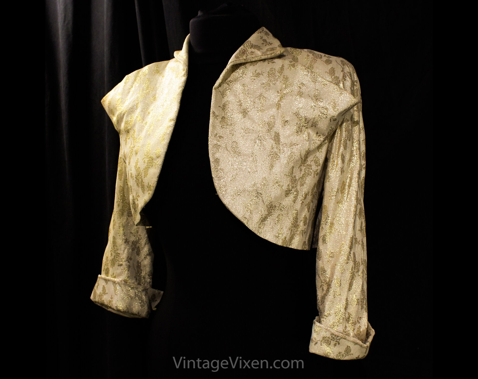 1950s Gold Lamé Jacket – Sexy 50s Metallic Glamour Girl Bolero – Small Bust 33