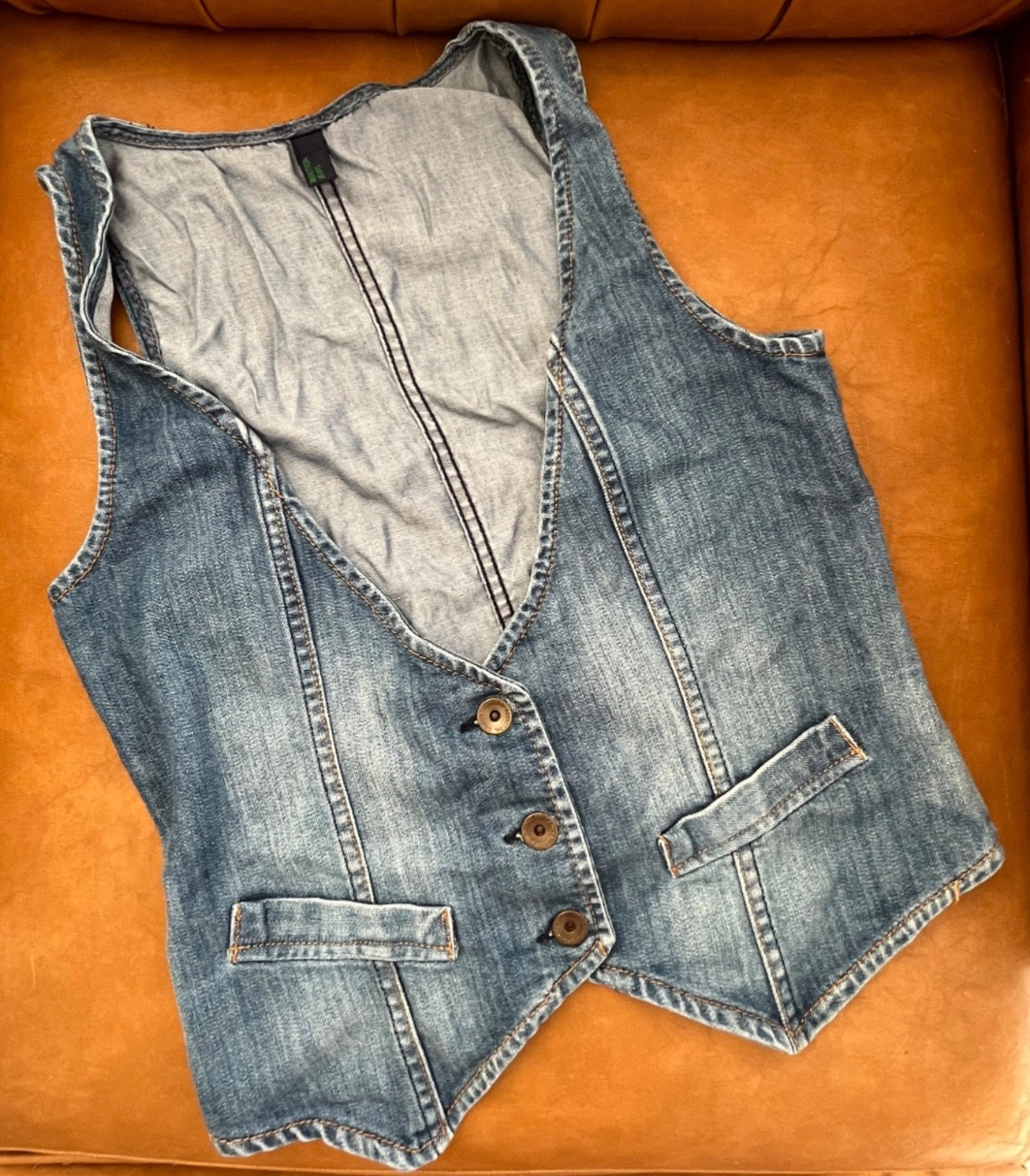 Vintage Benetton Jeans Denim Vest Y2K Tailored Waistcoat Blue Size S