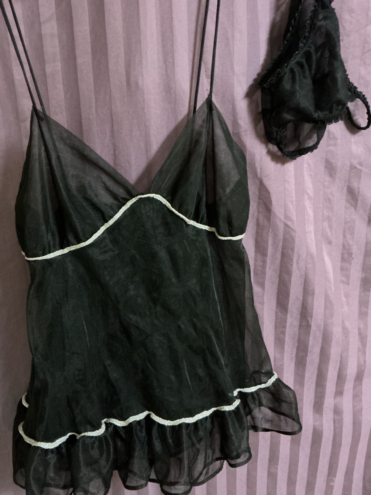 VINTAGE SHEER BLACK NYLON BABY DOLL SHORTIE NIGHTGOWN & SHEER BIKINI