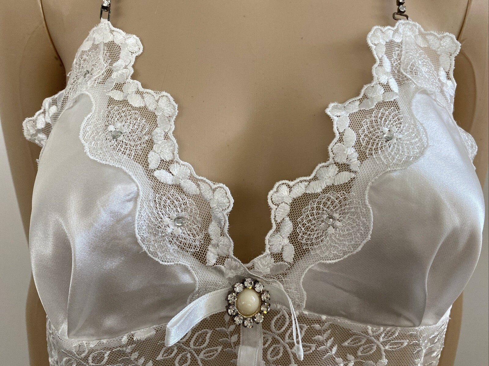 Vintage Espaur XXS-XS / 6-8 Bridal Nightie Negligee Set White Satin Floral Lace