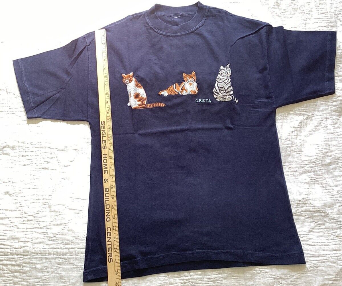 Womens Cats T Shirt Embroidered Creta Crete Greece SZ ? Dark Blue Vintage