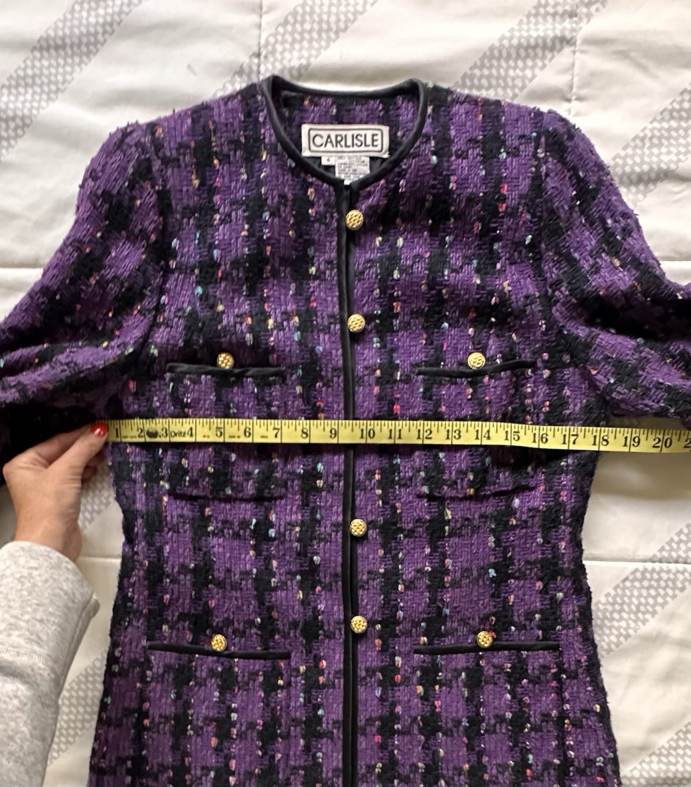 VTG CARLISLE Silk Tweed Blazer Jacket Purple Black Plaid Gold Buttons Size 6
