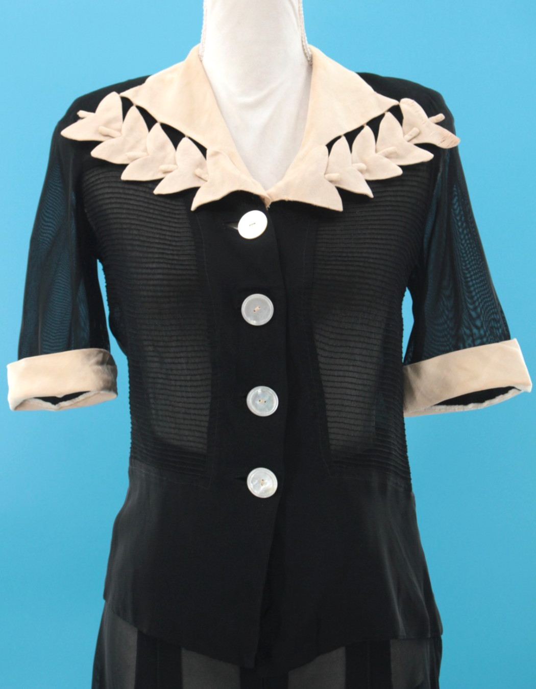 VTG Women’s 30s 2 Pc Black & Cream Trim Sheer Dress Set Sz S 1930s Dress Suit