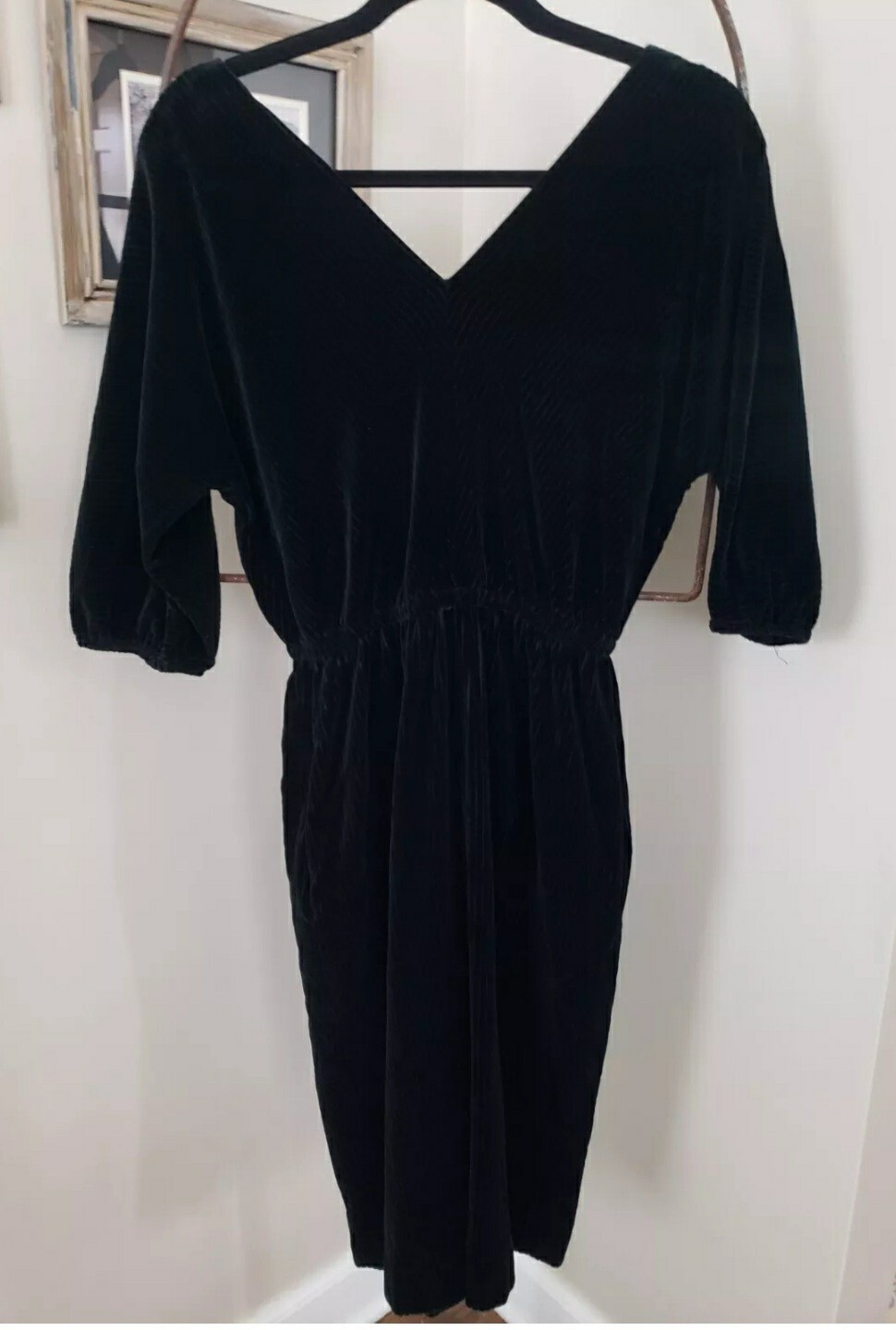 Vtg Pedestal Originals Dress Velvet Corduroy Like V Neck Black Sm