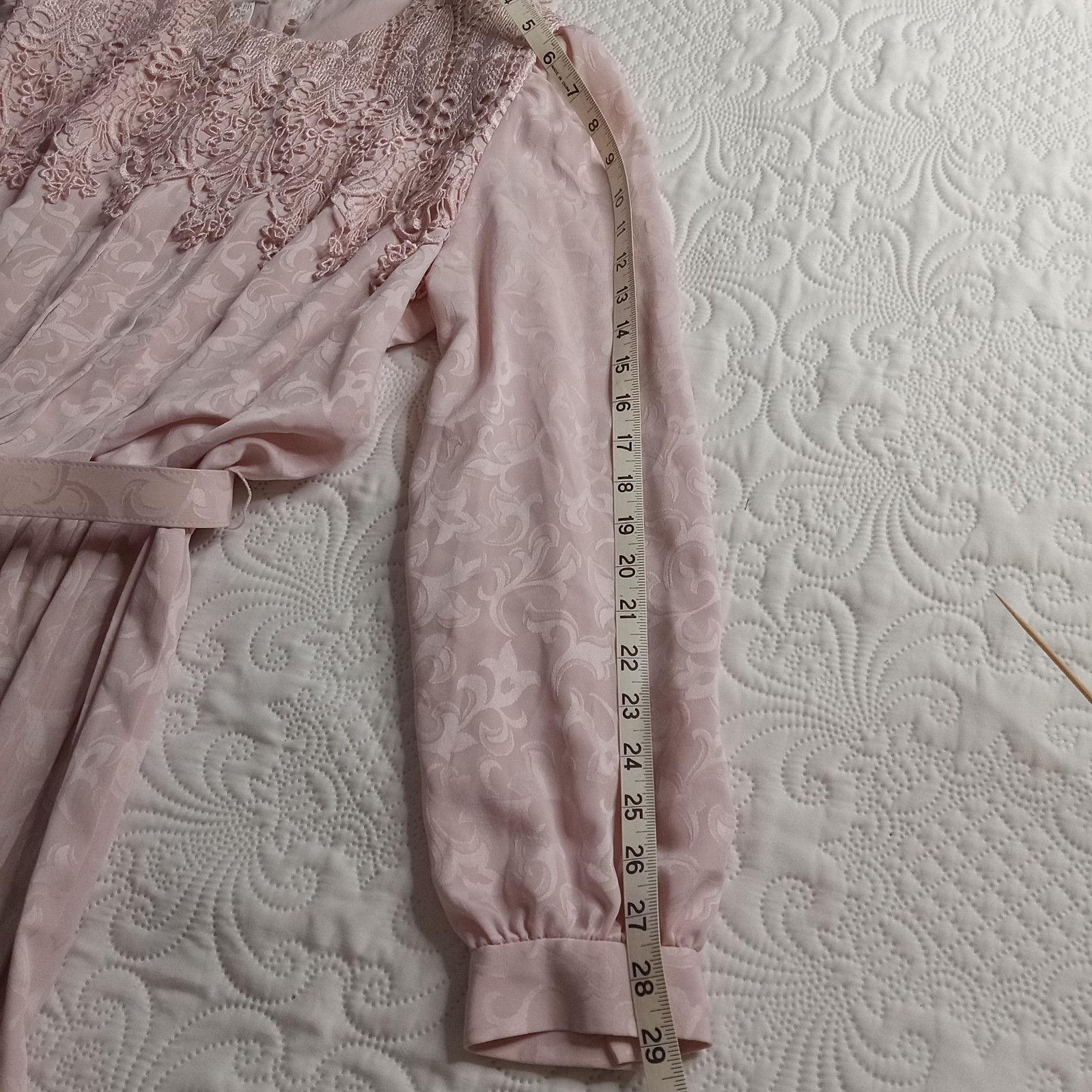 In The Mood MOB Dress 14 Pink Jacquard Belted Crocheted Pleated Vtg 80s EUC