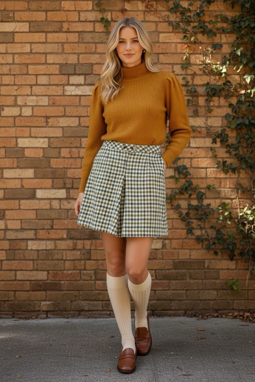 Vintage 70s Tami A Line Skirt Tweed Houndstooth Plaid Knit Wool Academic Preppy