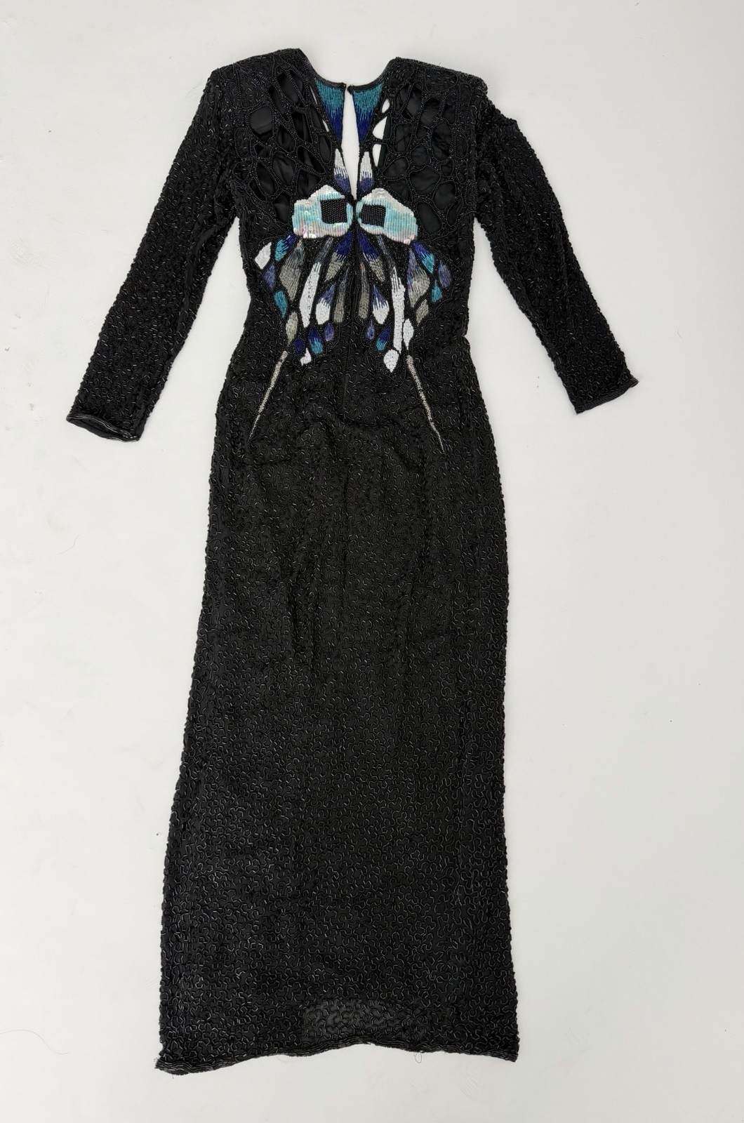 vtg lillie rubin Riazee Women Black Heavy Beaded Dress S Formal Rare Butterfly