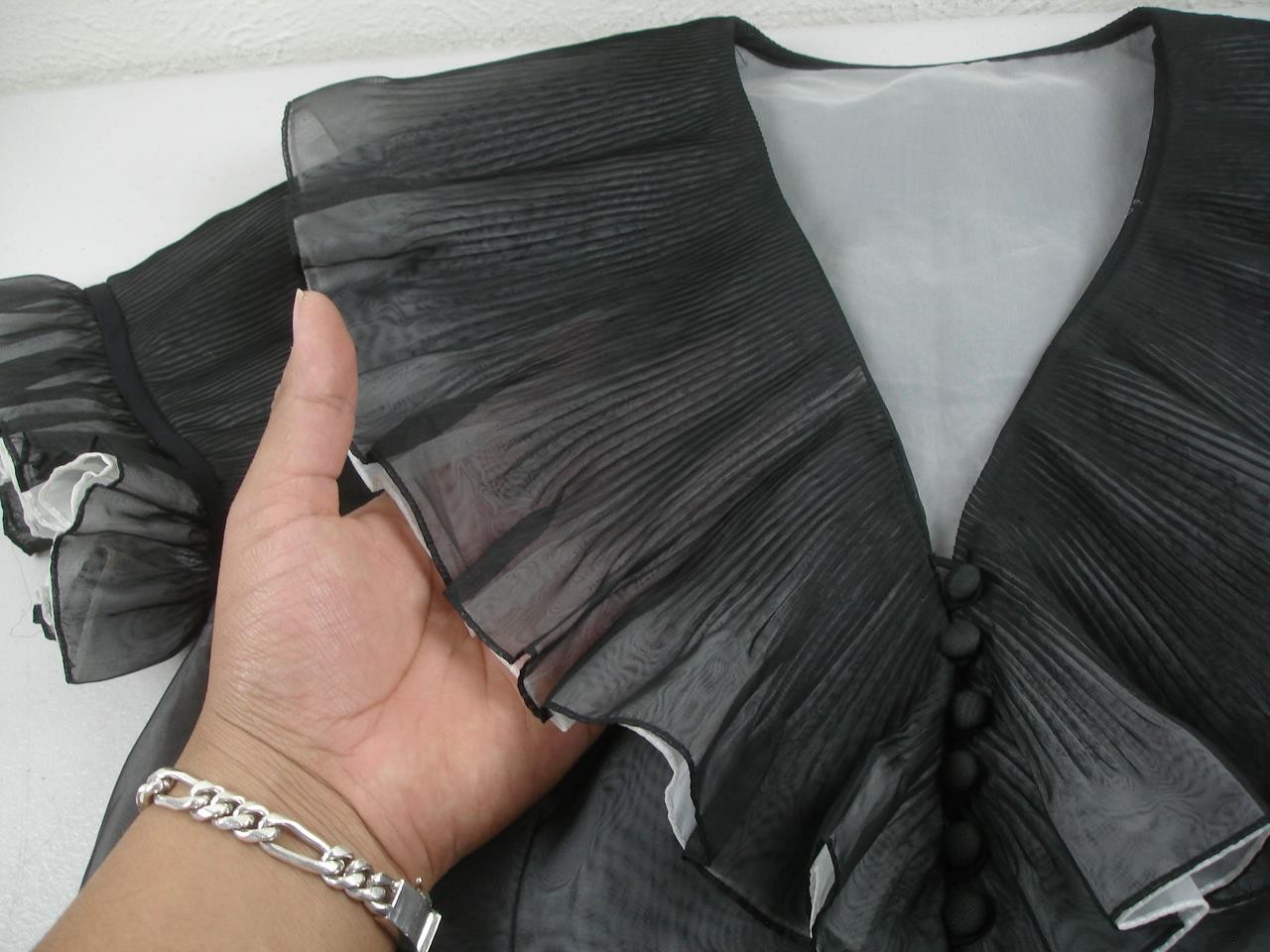 Women’s M Vtg 1940’s Penny Potter Black Sheer Top Blouse Ruffled Victorian Look