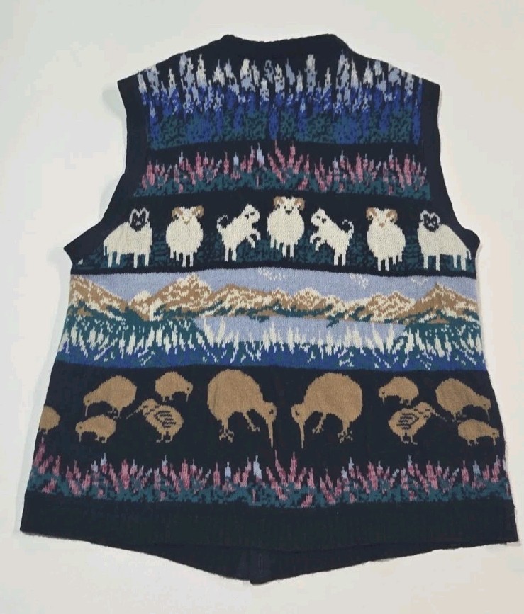 Vtg Scan Alp New Zealand Alpine Themed 80s PURE WOOL Knit Boho Ski Vest Womens L
