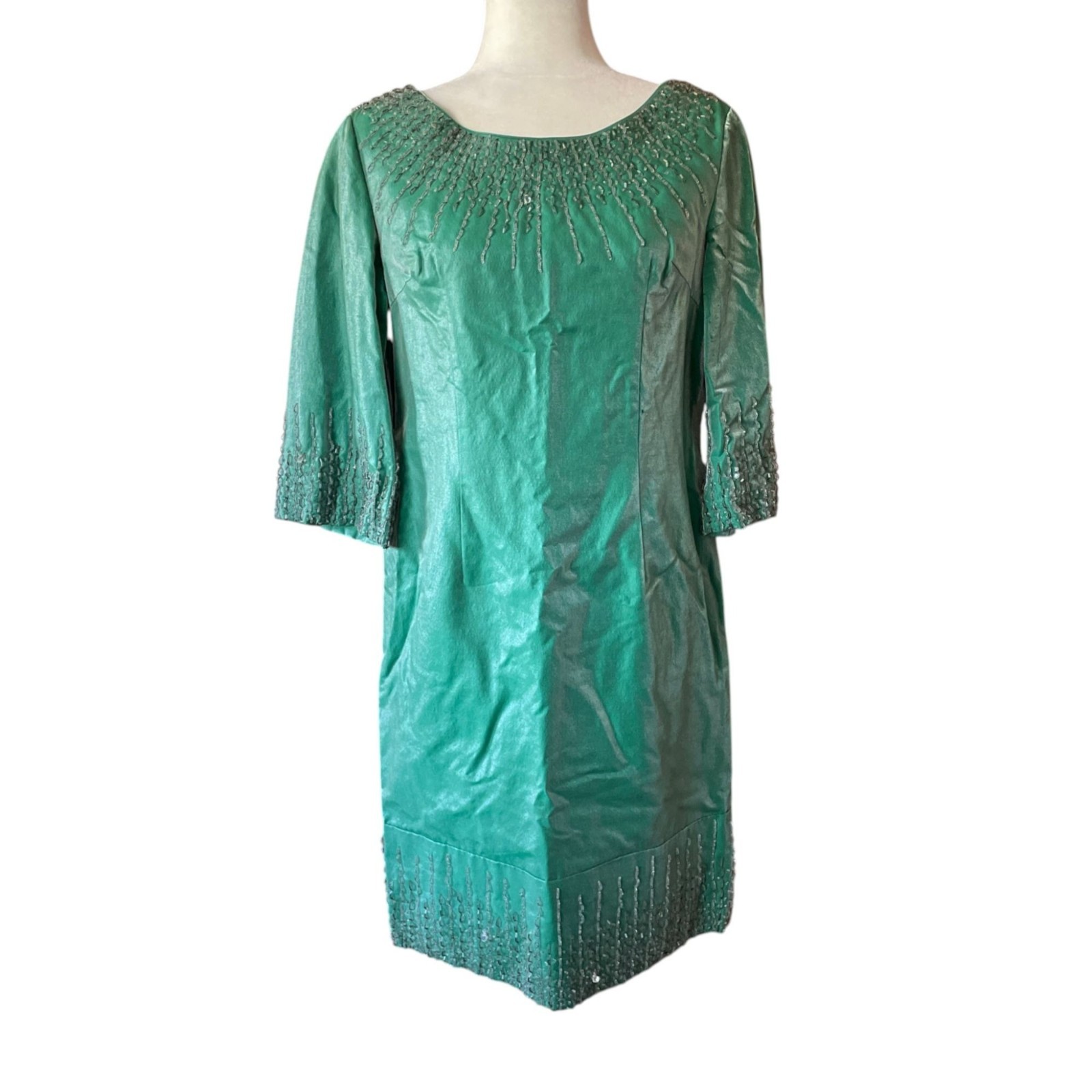 Vintage 1960’s Silk Sheath Dress Emerald Green Space Age Beaded Retro Dress Sate