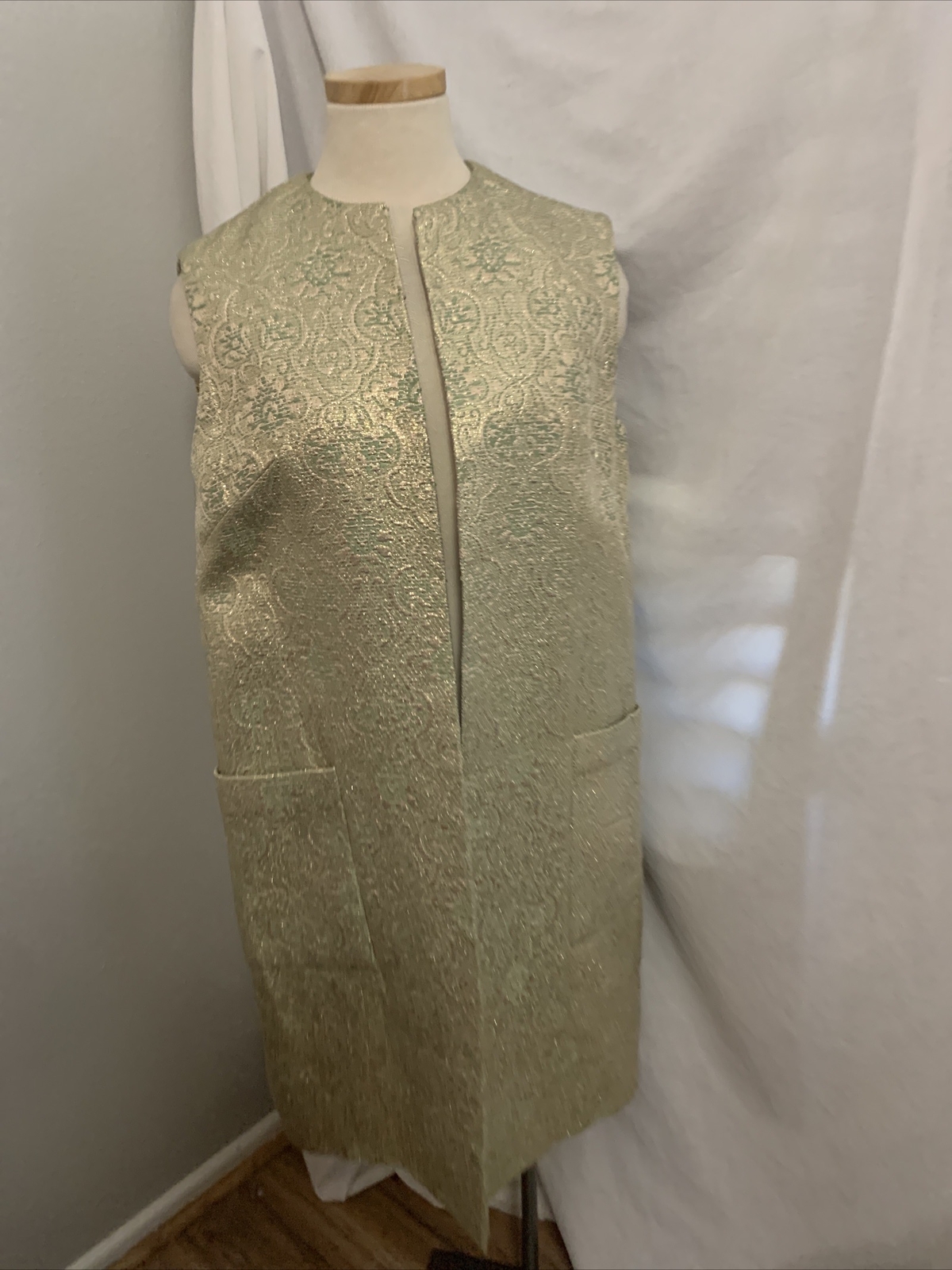 Long Vest Vtg MCM Embroidered Gold and Green Thai Silk Gold L Wedding