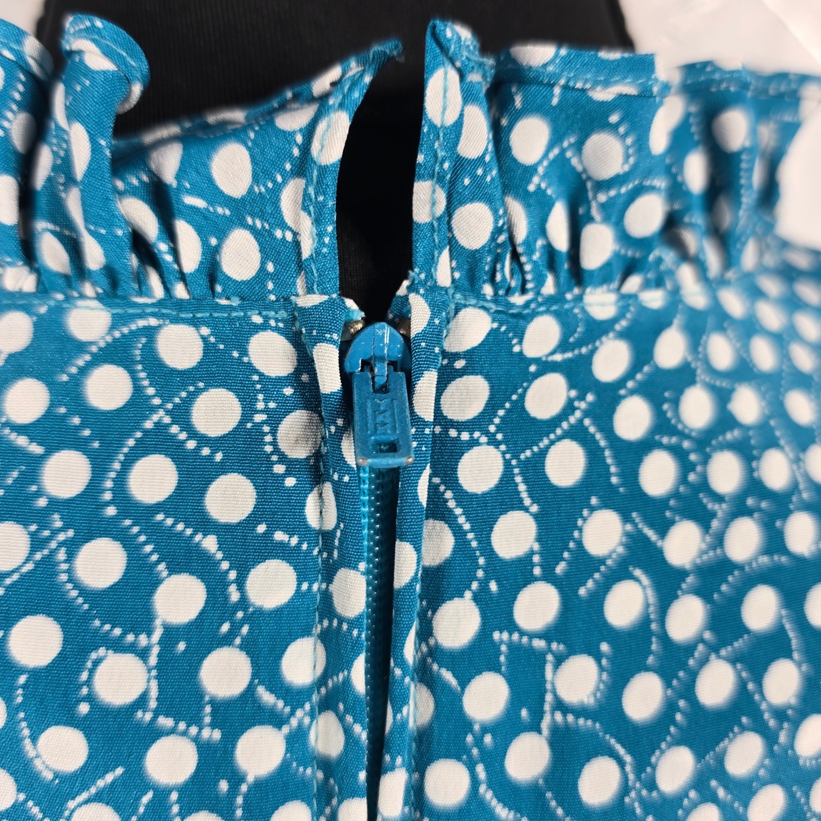 Ciao Ltd Vintage Teal Polka Dot Midi Dress Ruffle High Neck Short Sleeve Retro