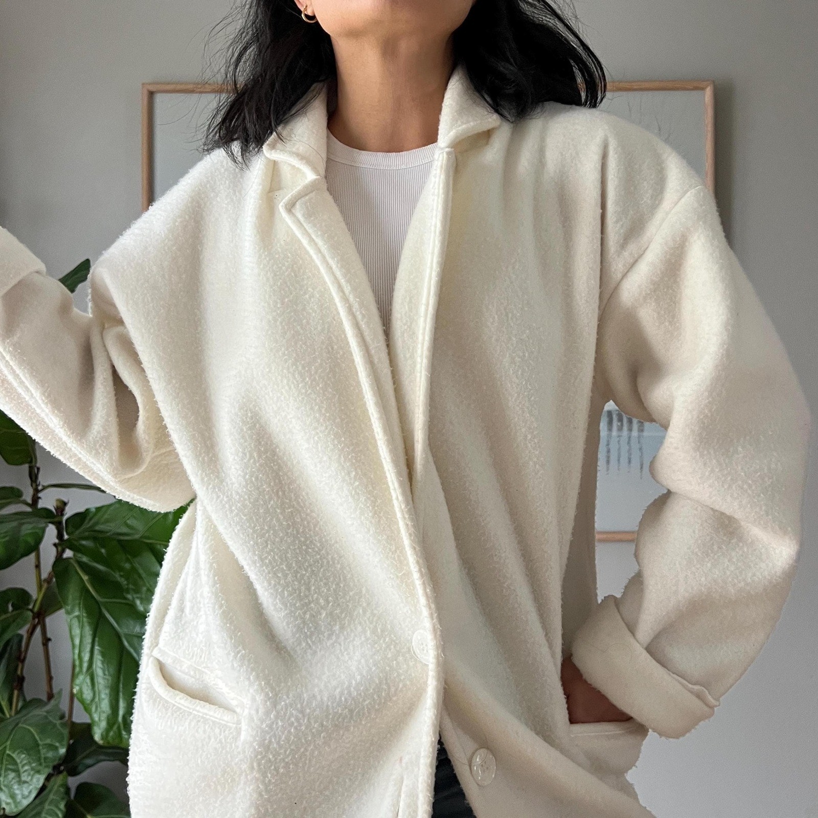 Vintage Cream Fleece Jacket Oversized Minimalist Coat Cozy Neutral 90s