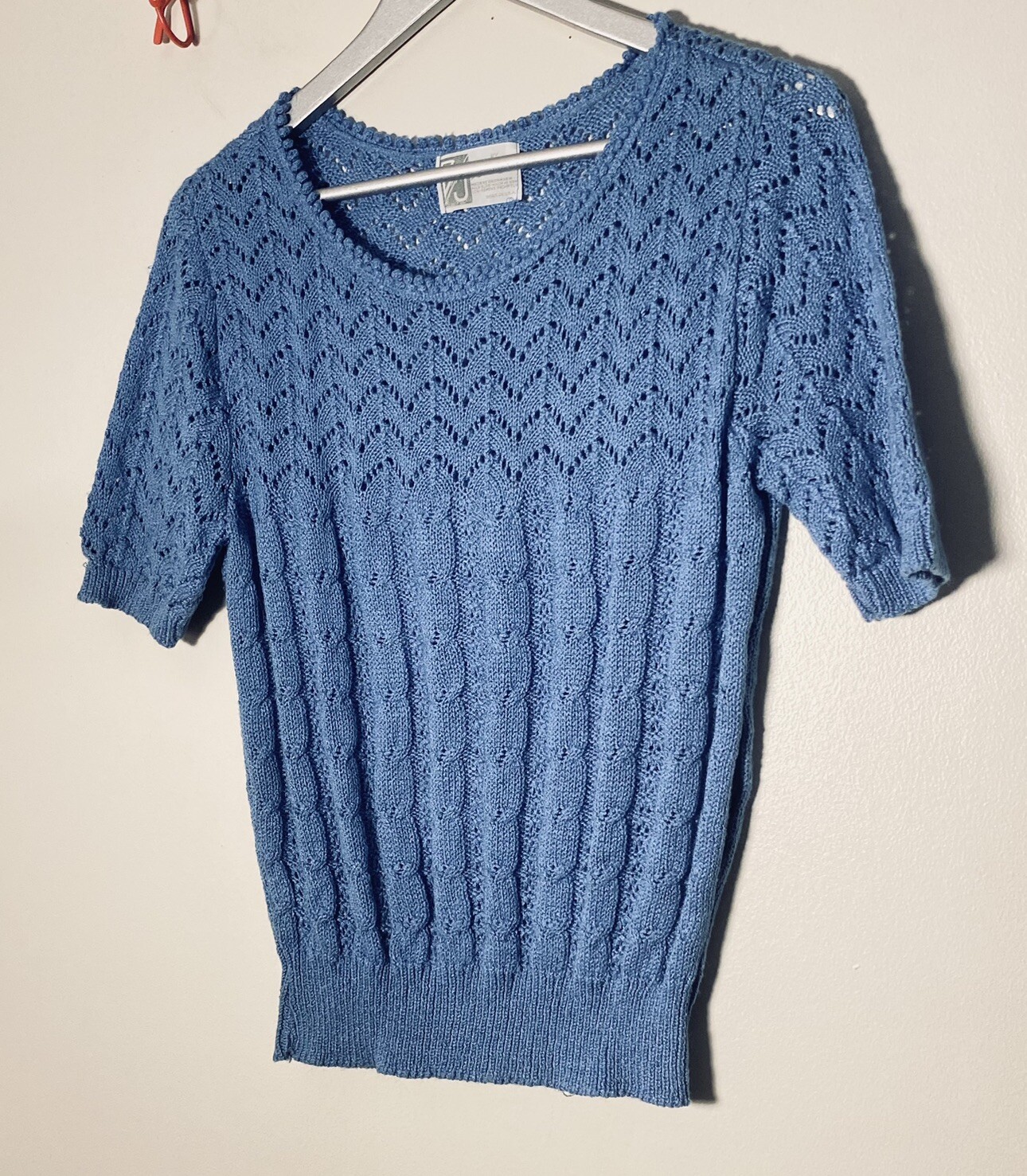 Rare Vintage BJ by Billie Jo 60s/70s crochet knit pretty Blue Sweater