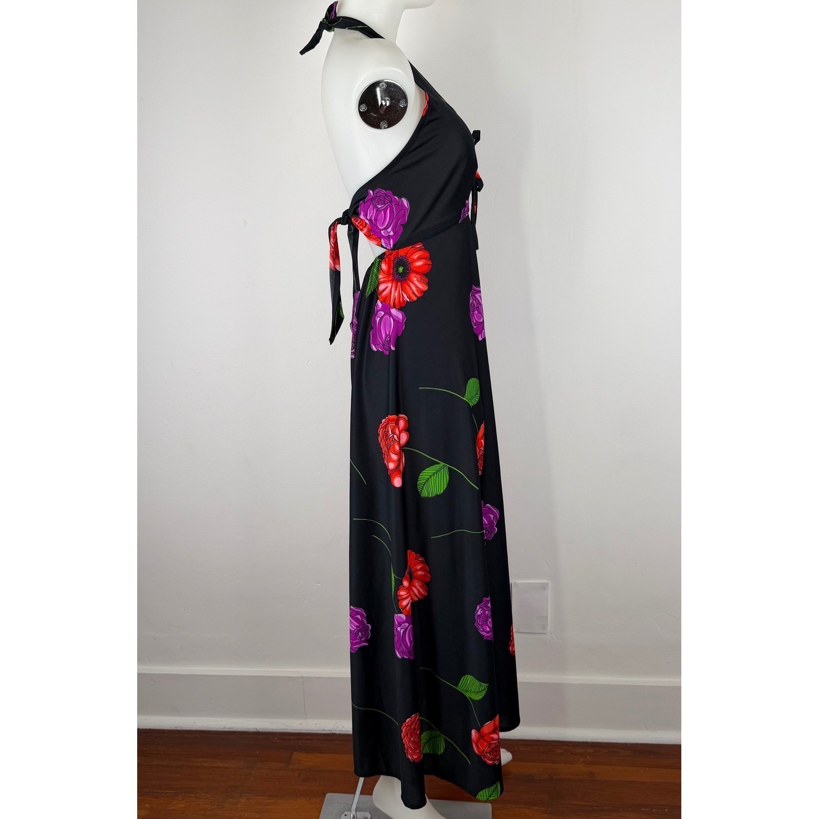 VTG Floral Halter Maxi Dress Black Red Purple Rose Keyhole Tie Back Summer