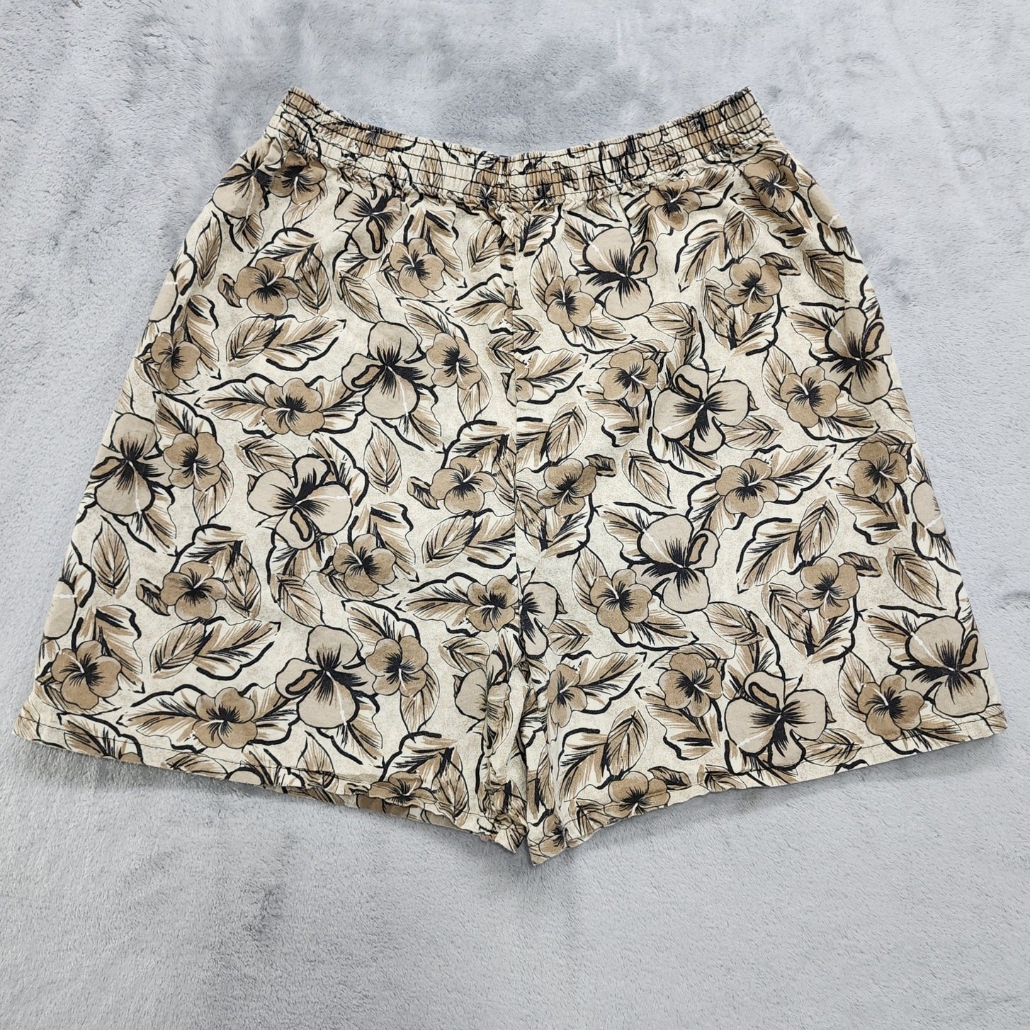 Vintage 80s Basic Editions Shorts Womens M Brown Floral Hawaiian Cotton Pull On
