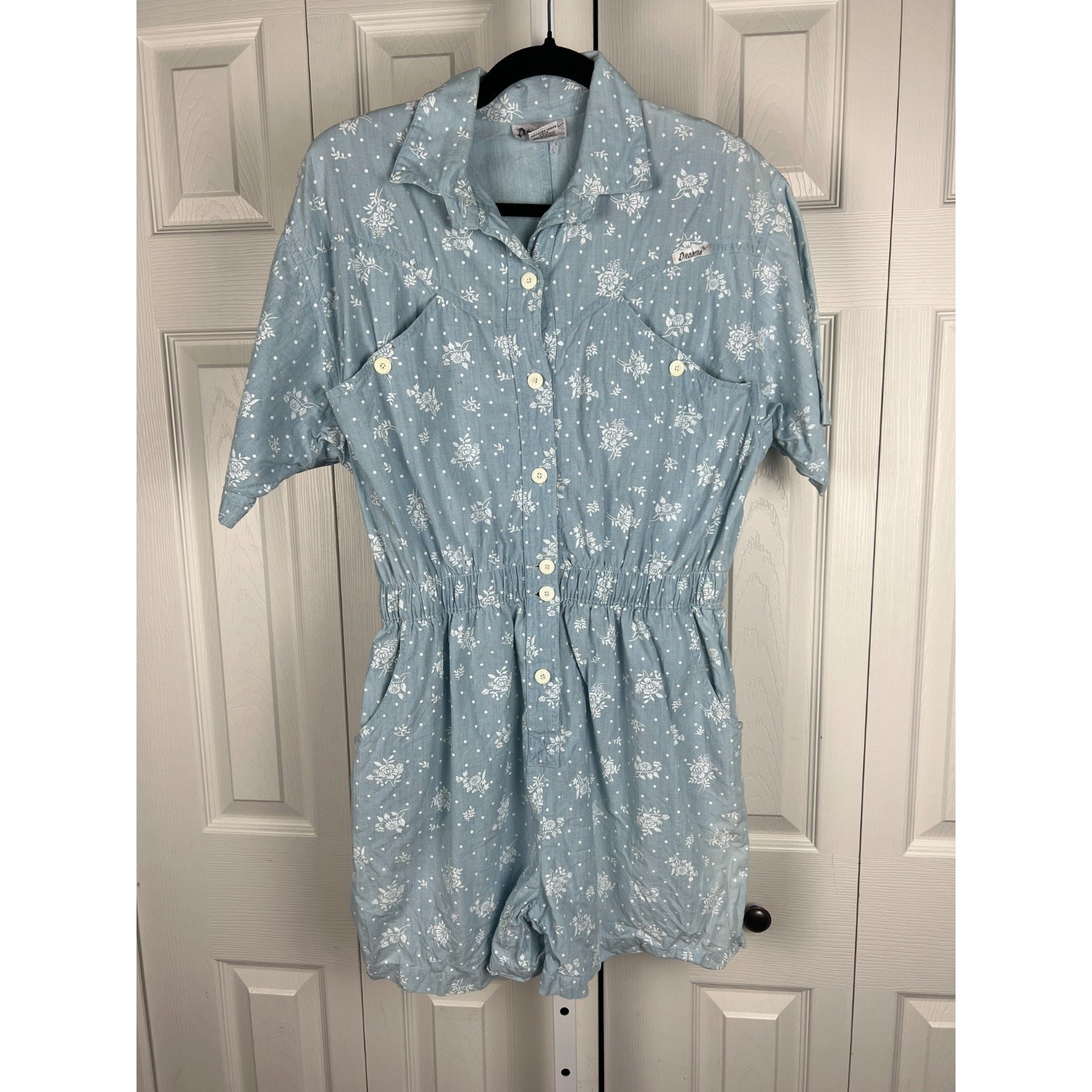 VTG 90s Dreams Floral Romper Elastic Waist Button Chambray Cottagecore Petite LG
