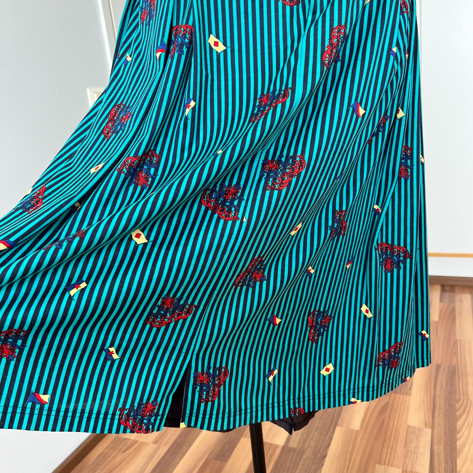 1980s BLEYLE Cotton Pleated High Waist Midi Skirt Preppy Summer Striped Aline 38