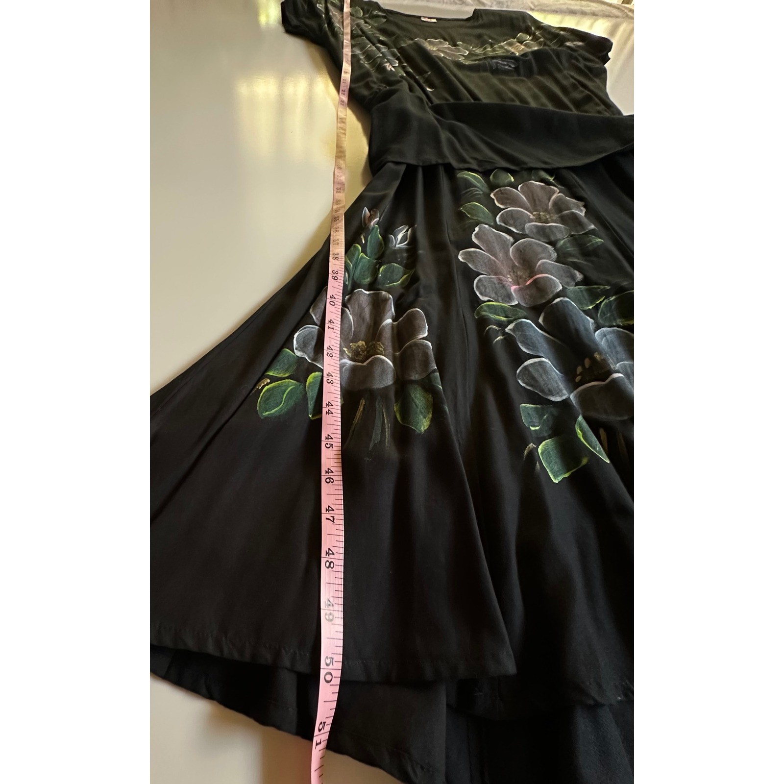 Phoenix Vintage Hand Painted Floral Black Midi Dress Shoulder Pads Tie Waist OS
