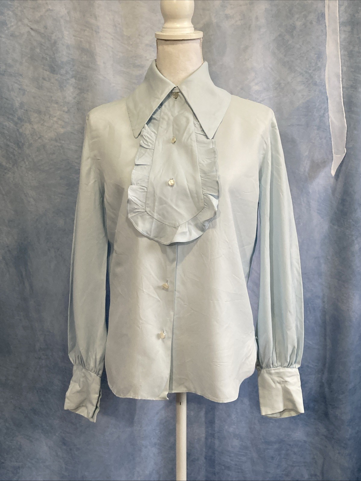 VTG Miss Chris Blue Ruffle Jabot Blouse 70s Secretary Victorian Union Made XS/S