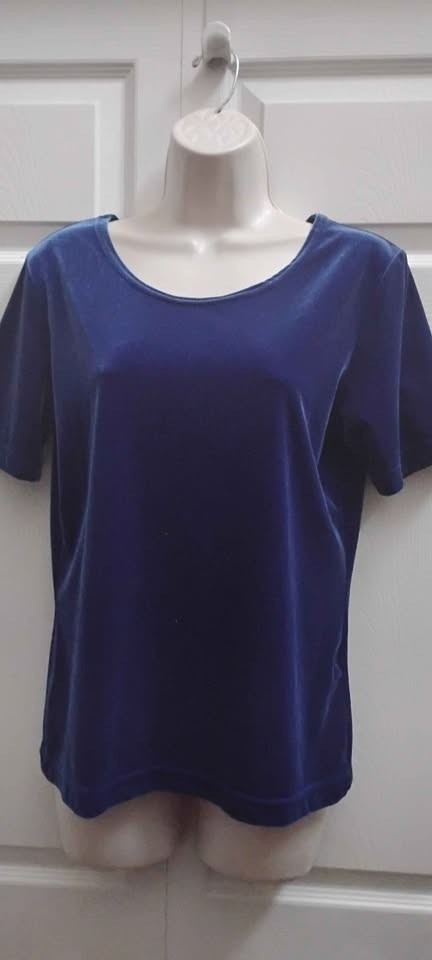 GANTOS Women’s Medium Blue Velvet Top Short Sleeves Round Neck Vintage New