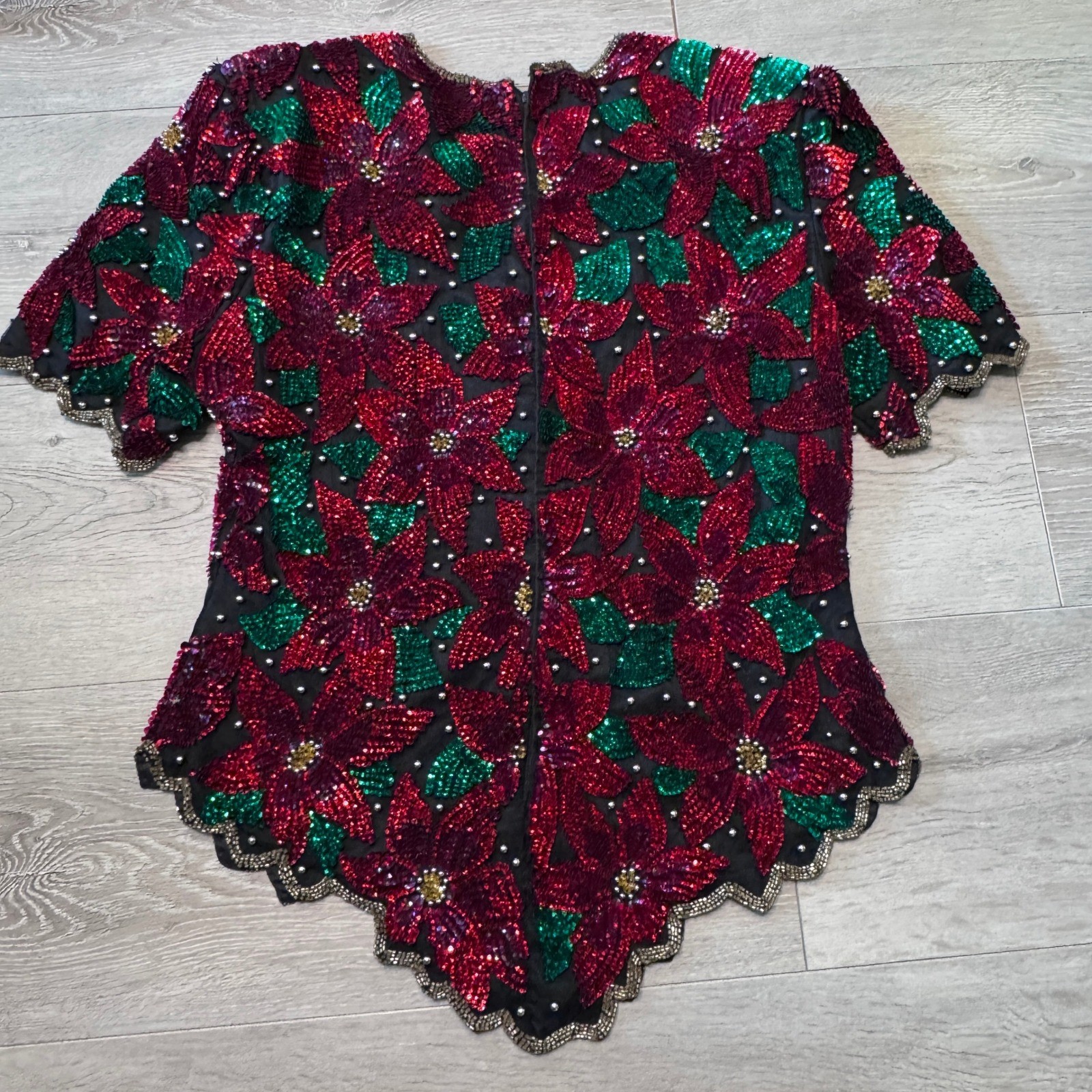 Laurence Kazar Vintage Silk Sequin Poinsettia Blouse Red Green Holiday Top Large