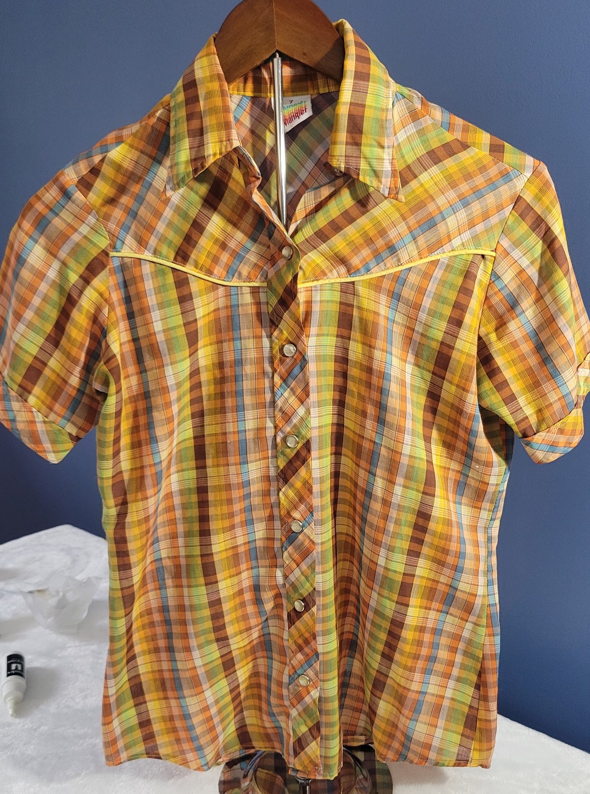 Vintage Wrangler Womens Western Cowgirl Pearl Snap Thin Plaid Shirt Sz S 70 USA