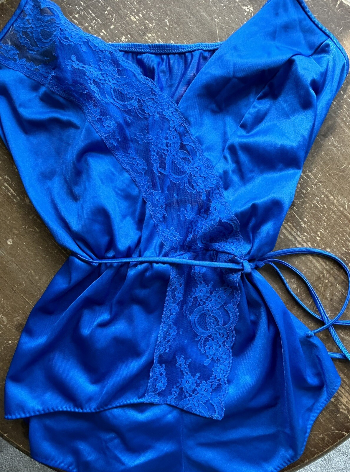 Vintage CINE STAR Vibrant Blue 1 Piece Nylon Romper Snap Crotch Lace Trim MEDIUM