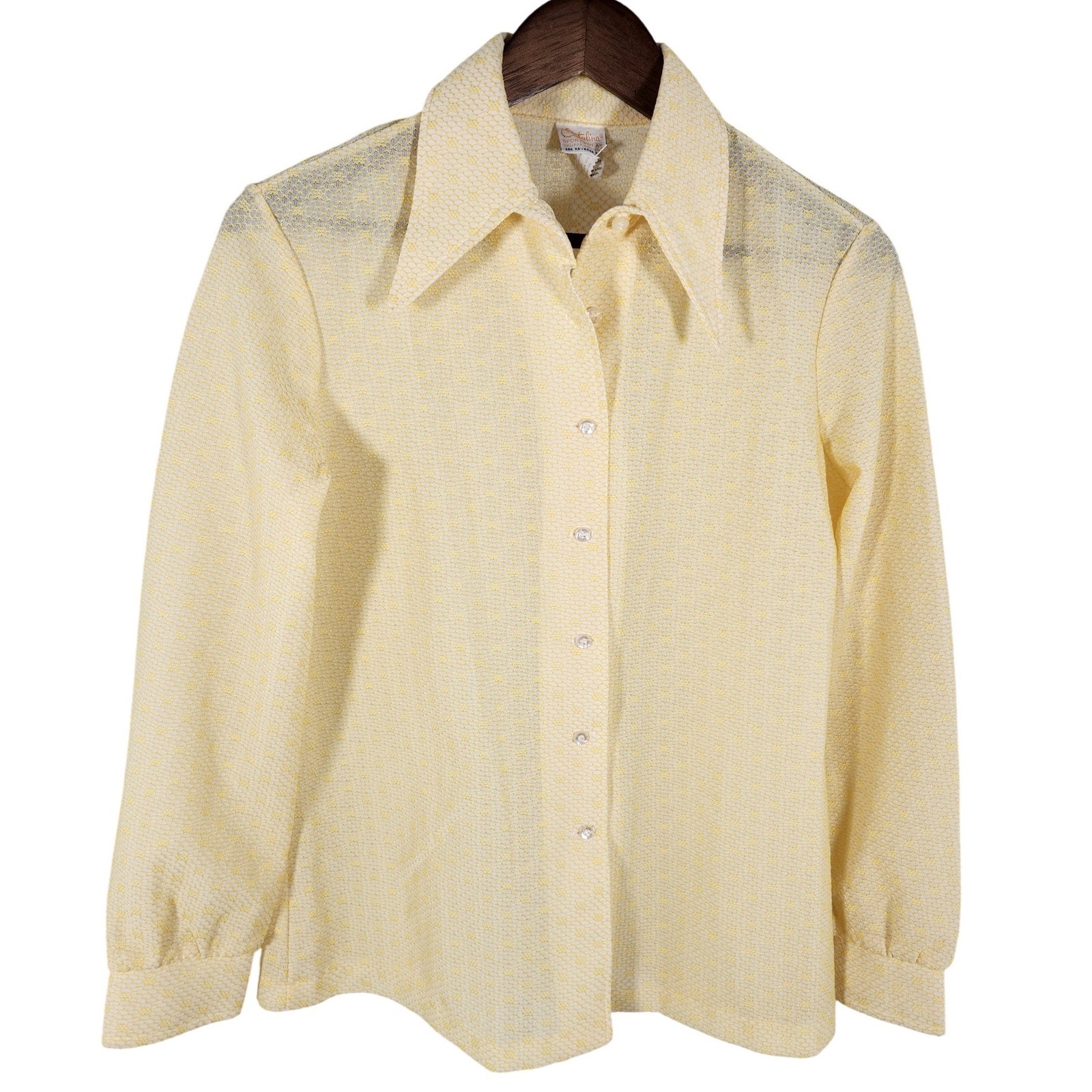 Vintage 70s Catalina Sportswear Yellow Lace Textured Blouse Size Large