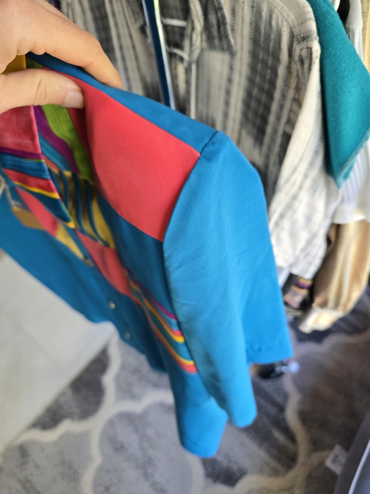 Jo Hardin 80’s Inspired Multicolor Silky Shirt with Metal Buttons