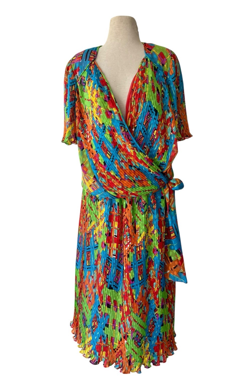 Vtg 80s Diane Freis Colorful Print Skirt Set Fits L/XL Micro Pleated Maximalism