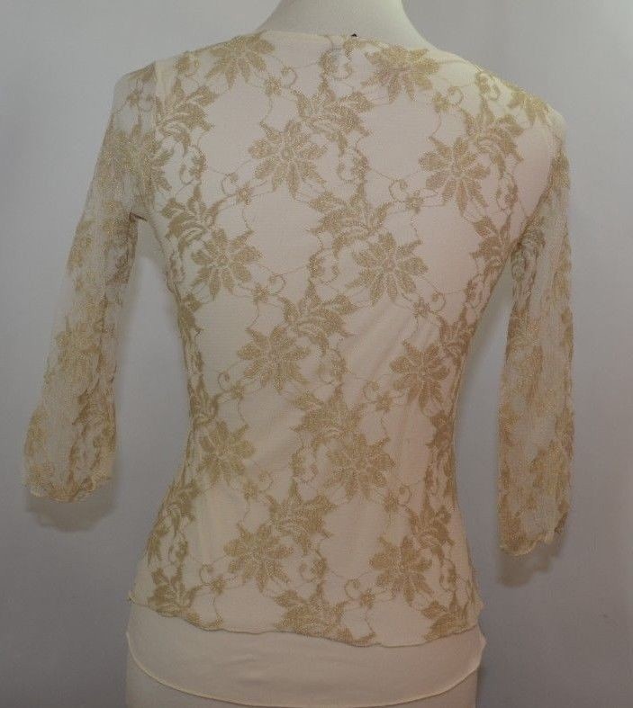 VTG 80s Wrapper Ivory Gold Lace Lined Fitted Sexy Top Women M USA Made