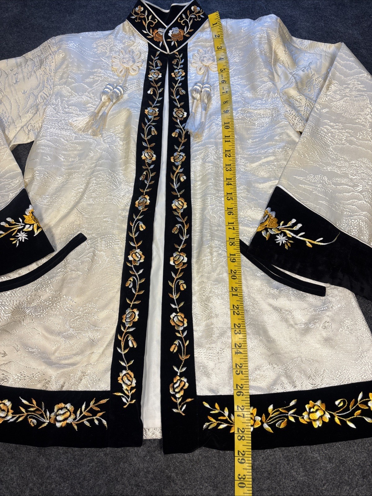 50’s Women’s Korean Jacket Silk Jacquard Black ~ Cream Orange ~ White Flowers