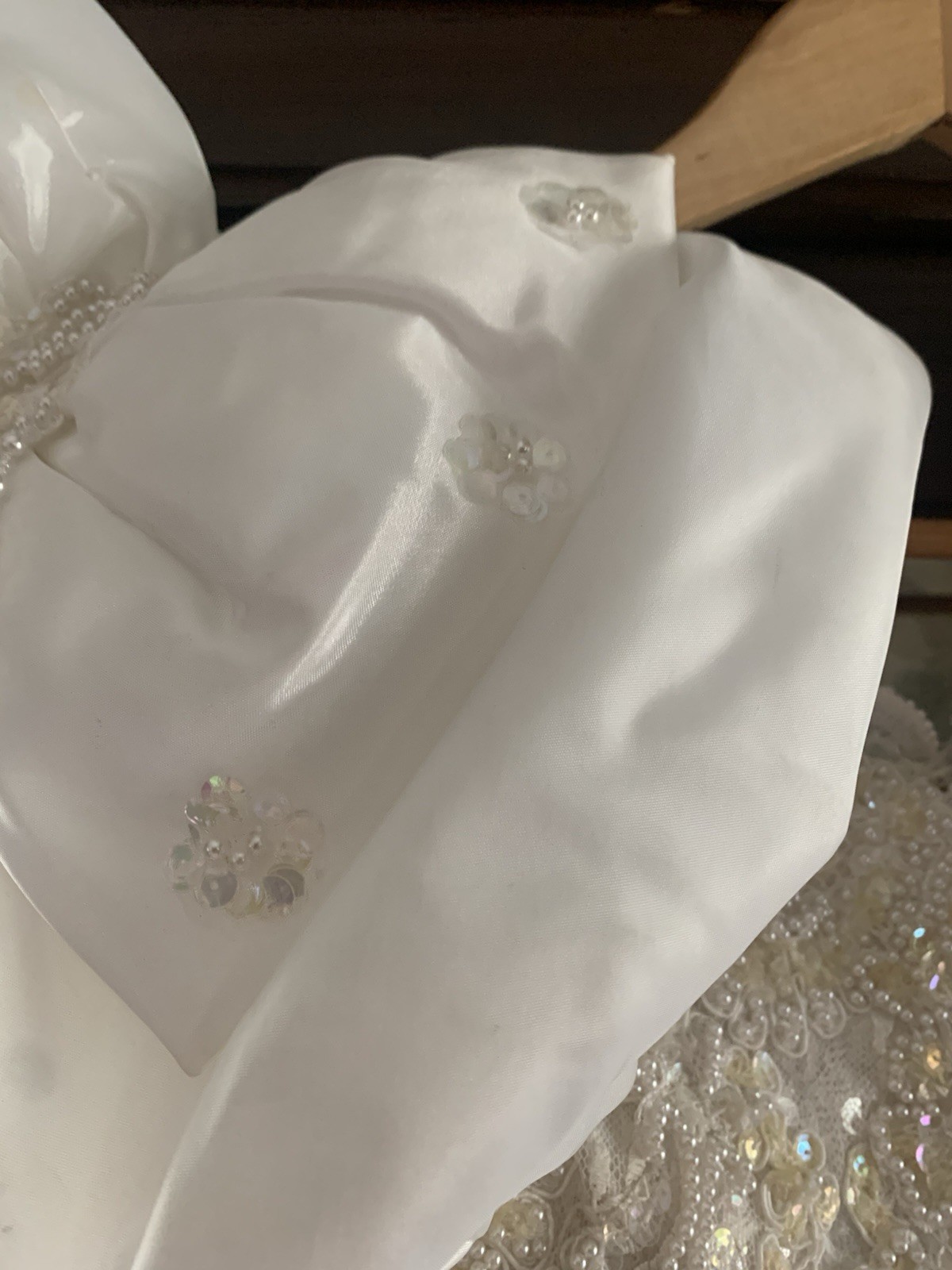 Vintage 80’s-90’s Sequin Beaded Ivory Formal Dress Gown Bow Sleeves Wedding Prom