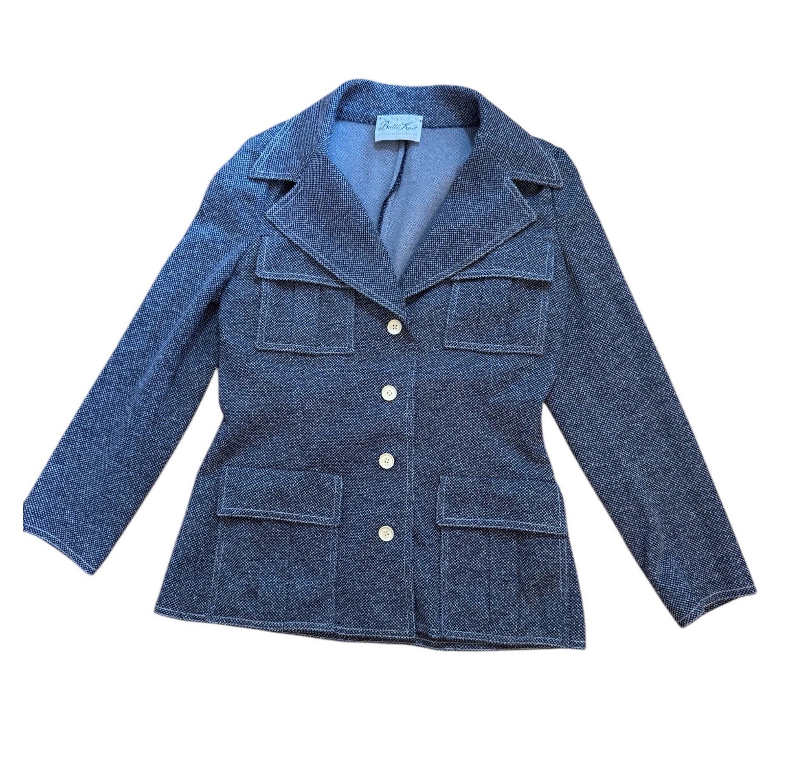 VTG Butte Knit Wmns 12 Blue Textured Button Front Blazer Jacket Corporate Mod