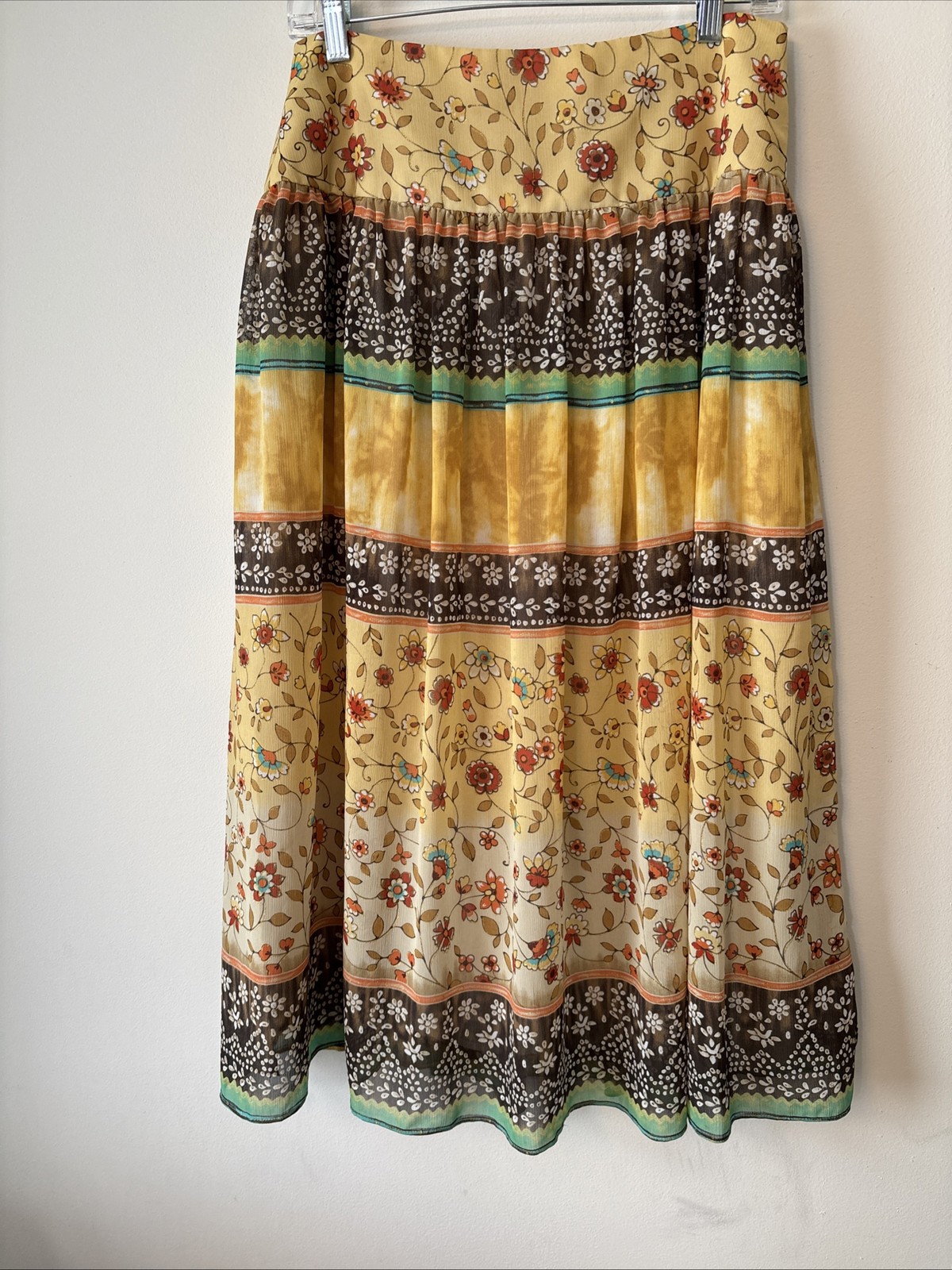 Vtg 90s Floral Yellow Midi Skirt Size 10 Fairy Coquette Y2K Feminine Soft Girl