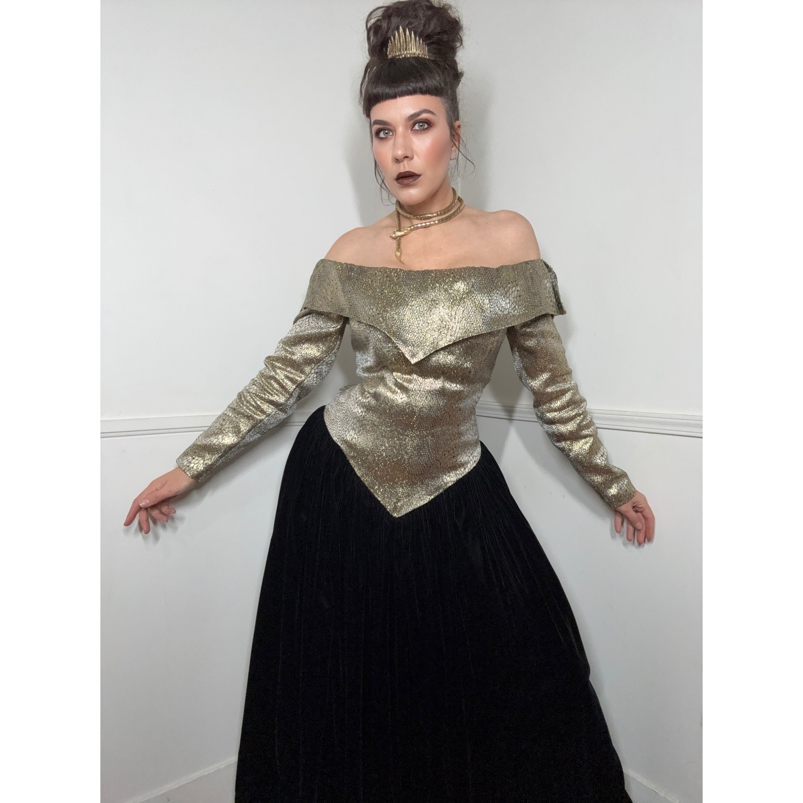 Large 1980s Vintage Snake Print Brocade and Velvet Formal Gown