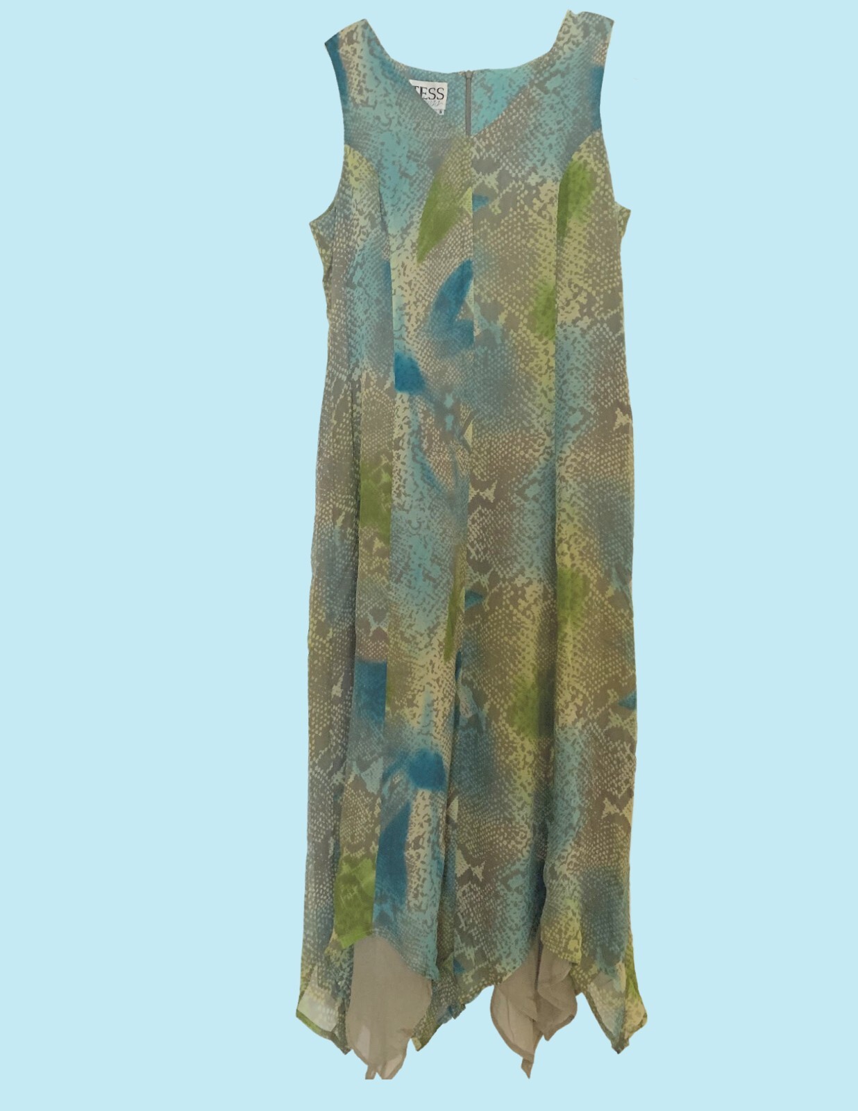 Vintage 90s Tess Silk Sleeveless Blue, Yellow, Gray Pattern Shift Dress Size 8