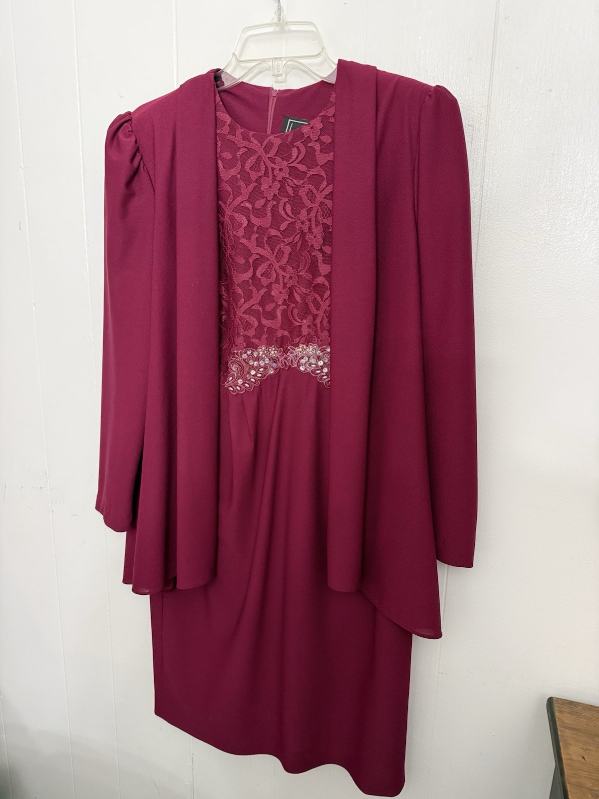 Vintage Leri Len Dress 10 Burgundy Lace Beaded Formal USA 90s Mother Of Bride