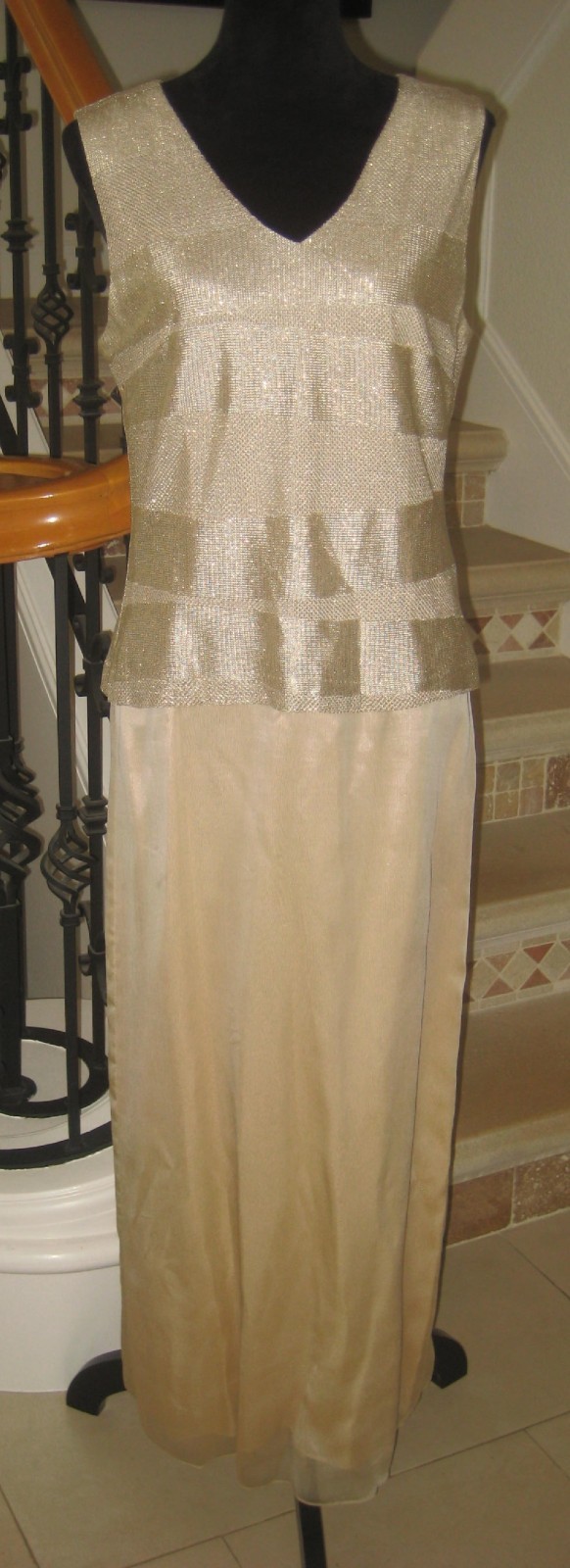 Vintage Michaelangelo gold thread metallic 2 pc cardigan sleeveless long gown 12