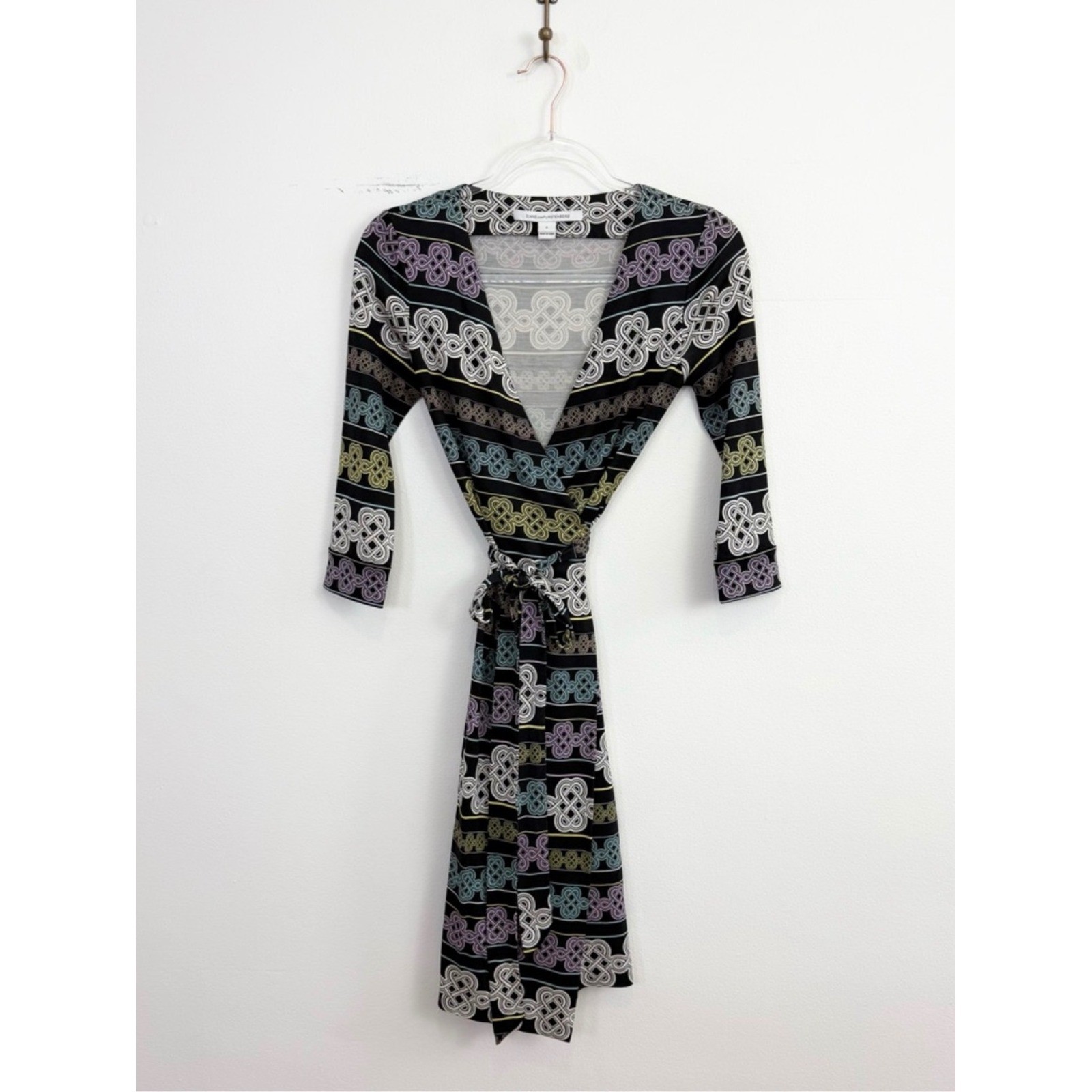 Diane Von Furstenberg DVF Silk Wrap Dress Knot Print Black Multi Size 0