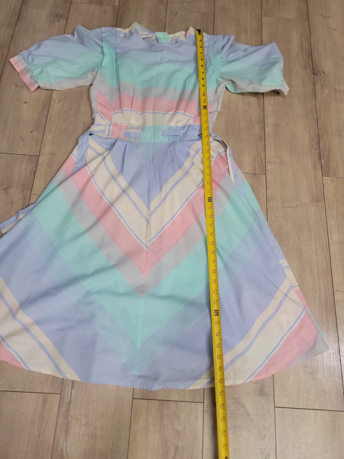 VTG 80s Pastel Stripe Fit & Flare Midi Dress Belted Cottagecore Prairie Secretar