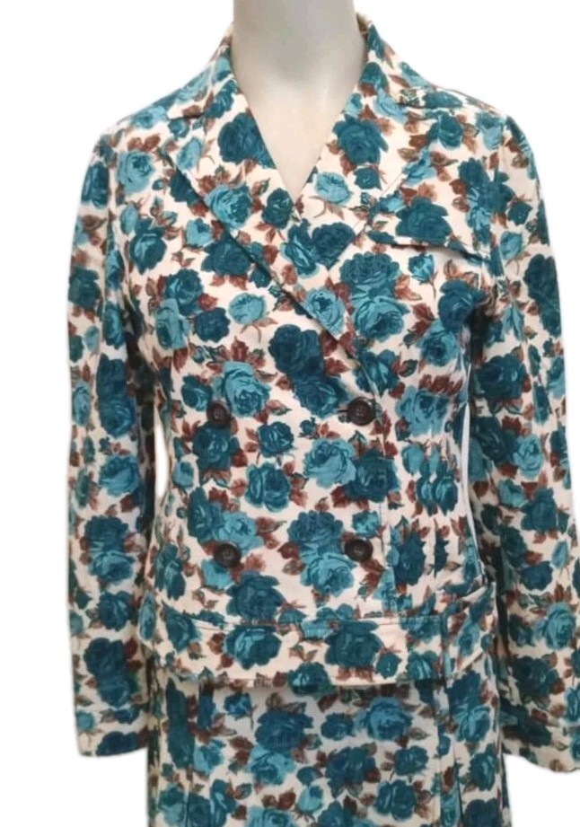 VTG Japan Women’s Large Shirt Jacket Skirt Set Blue Floral Lined Fine Corduroy