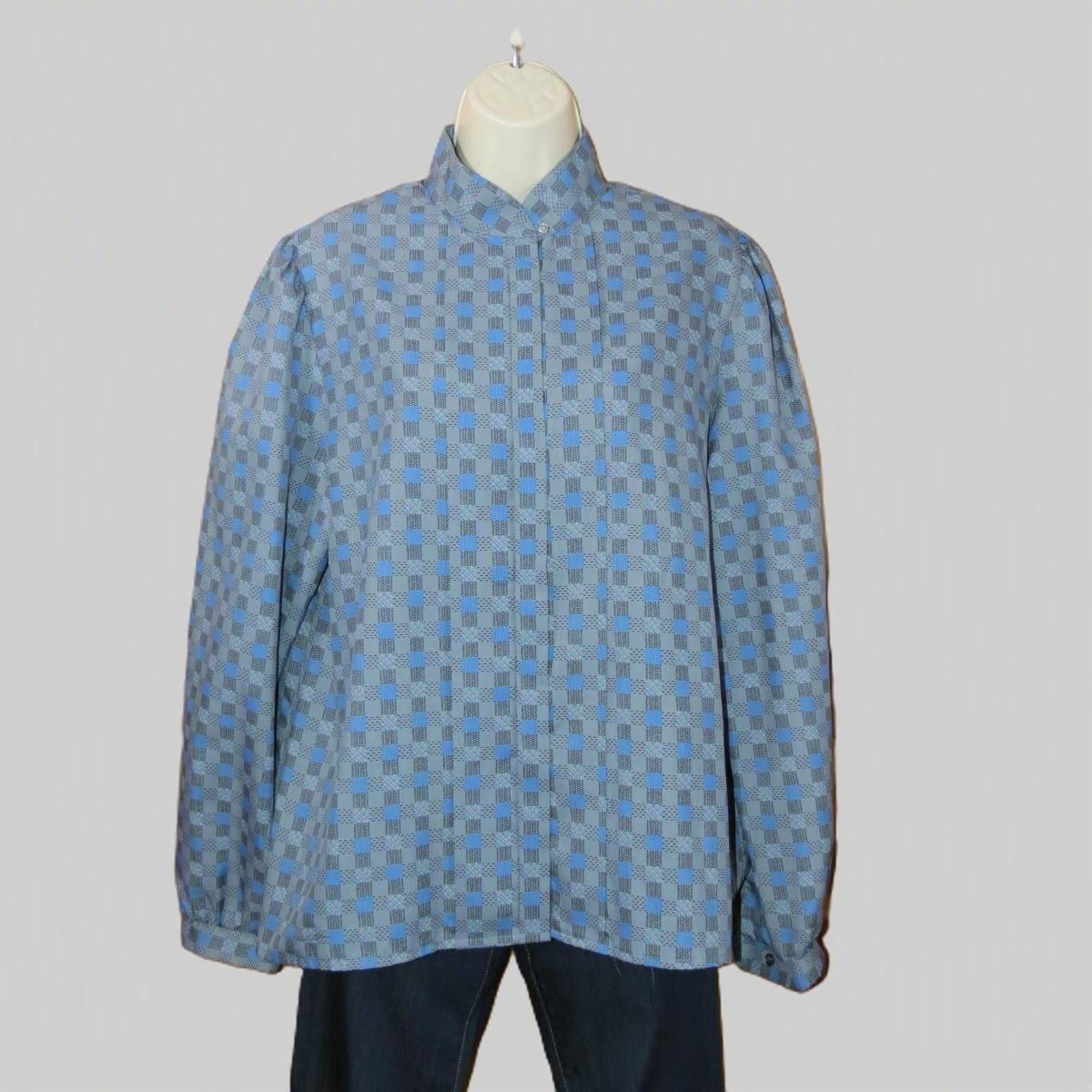 VTG 70s/80s Blouse Lady Arrow Ascot Collection Checkered High Neck Grey Sz 16
