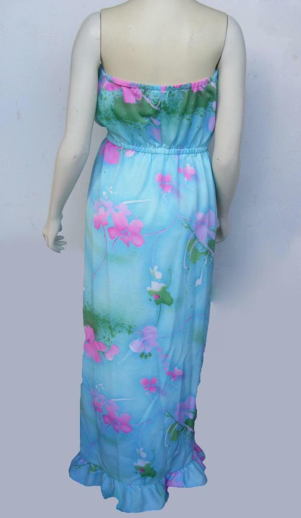 Waltah Clarke’s Vtg Dress L Strapless Maxi Floral Pastels Ruffled Open Split