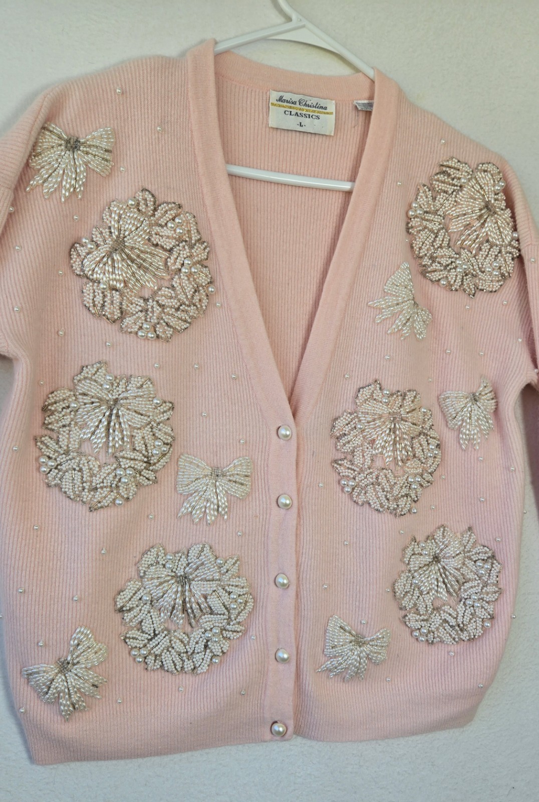 Vtg 90s Grandmacore Cardigan Marisa Christina Bead Embroidered Bows Sz L Wool