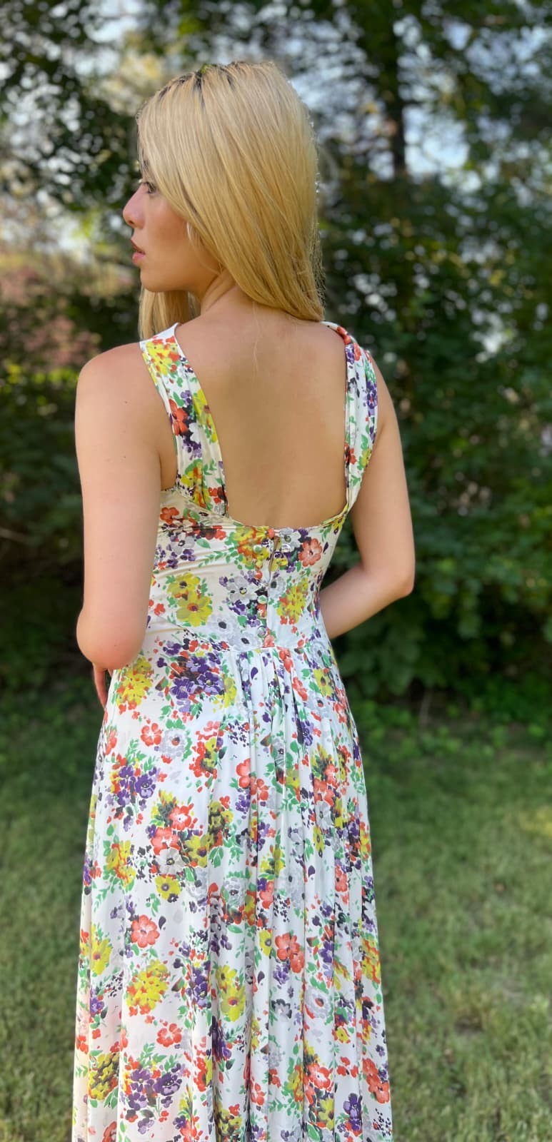 ALLURING 1930’S MULTI FLORAL RAYON DRESS W OPEN BACK