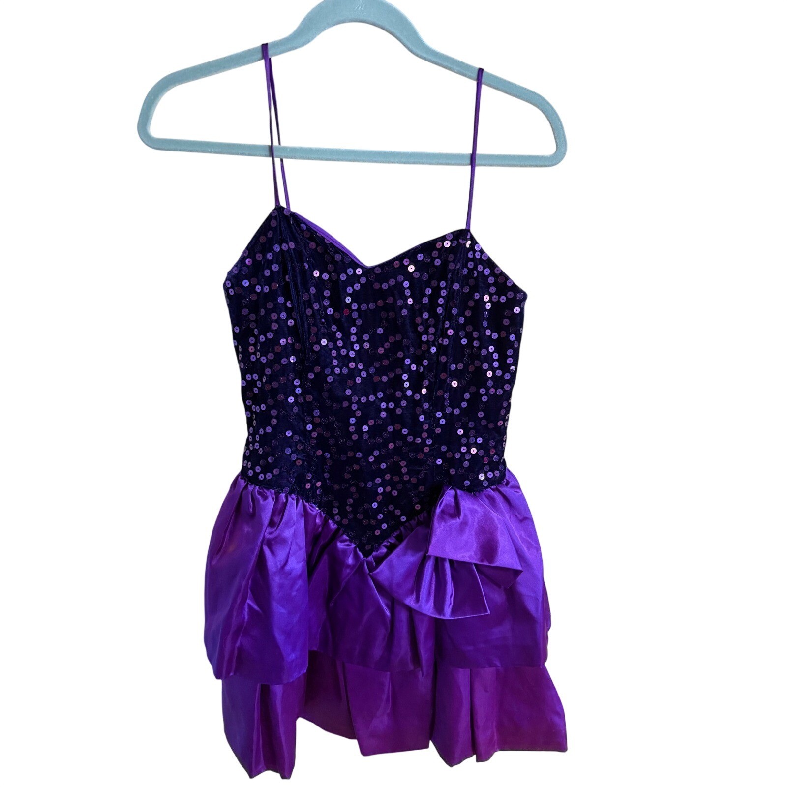 Notorious Vintage 80s Purple Sequin Velvet Satin Tiered Ruffle Mini Dress Size 5