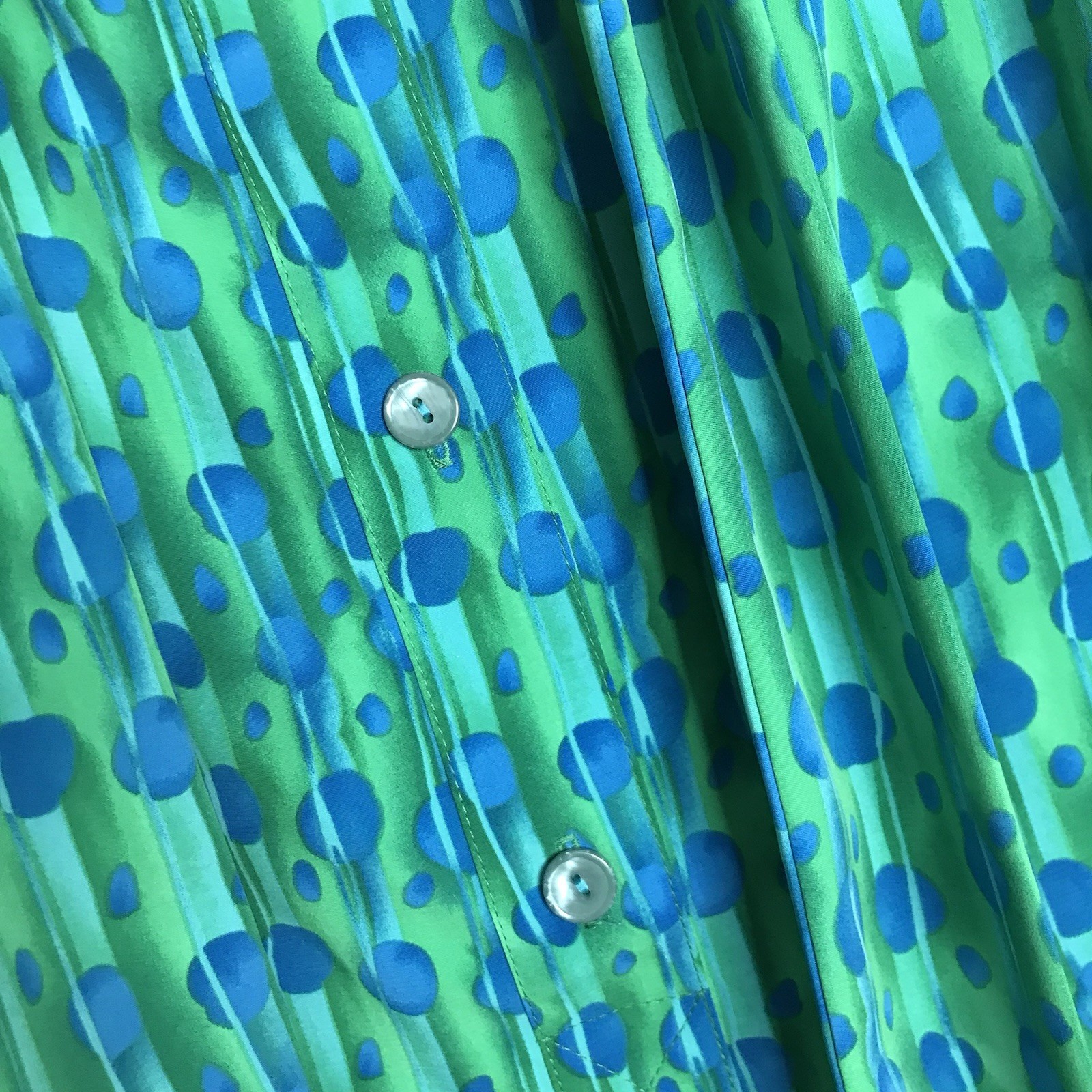 Vintage Dress Sz 10 Long sleeve Abstract Geometric Long Tie Belt Blue Green 70s