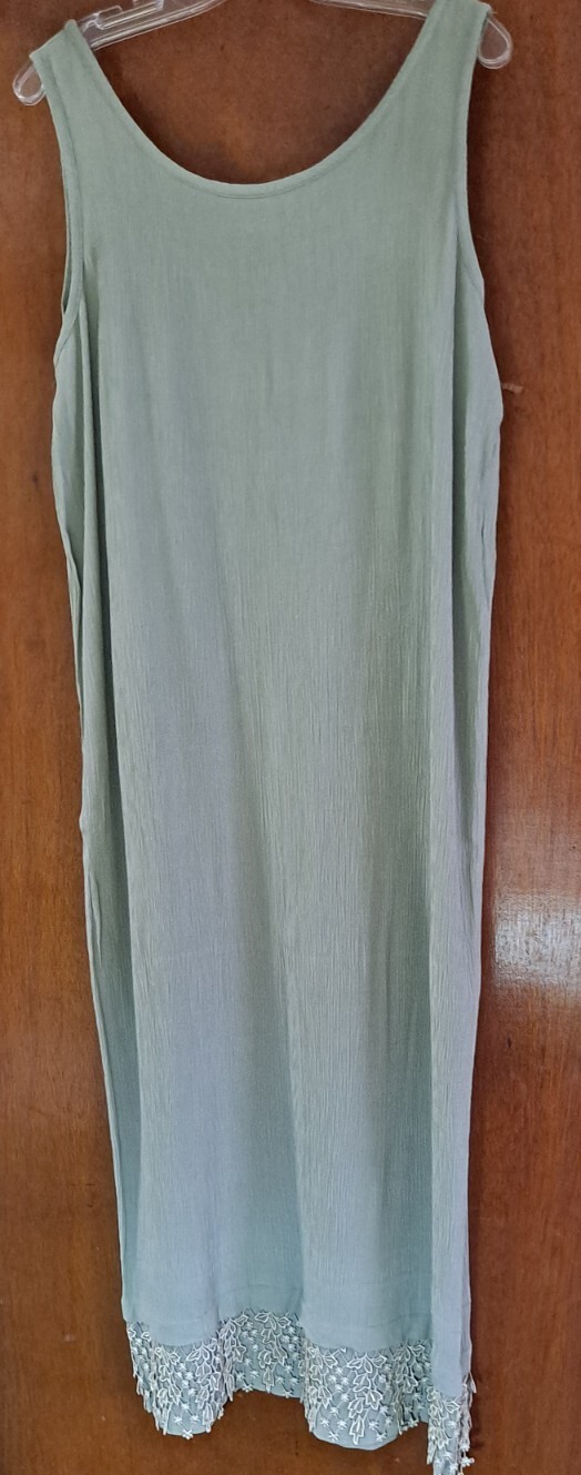 Vtg 80s Bryan Emerson for Henri Bendel Sage Maxi Shift Dress Ecru Lace Trim OS L